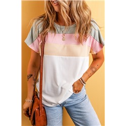 White Colorblock Patchwork Batwing Sleeve Ribbed Plus T Shirt