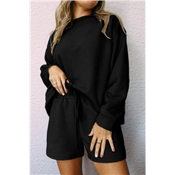 Black Textured Long Sleeve Top and Drawstring Shorts Set