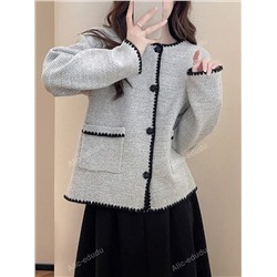 Einfache Strickjacke mit Kontrastbesatz, Rundhalsausschnitt und Knopfleiste, Langarm