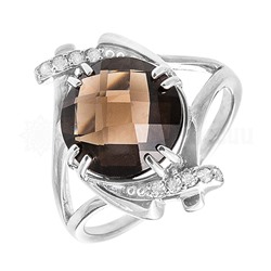 Кольцо из серебра с кварцем раухтопаз и фианитами родированное 925 пробы 10-079