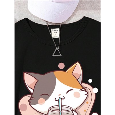 SHEIN Genkimix Kids Schwarzes T-Shirt mit niedlichem Cartoon-Kätzchen-Design trinkt Milchtee, Must-Have für Teenager-Mädchen im Sommer