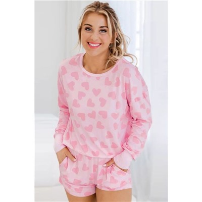 Pink Valentine Heart Shape Print Long Sleeve Top Shorts Lounge Set