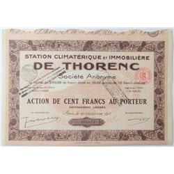 Акция Экологический туризм в Thorenc, 100 франков 1928 года, Франция