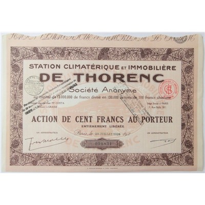 Акция Экологический туризм в Thorenc, 100 франков 1928 года, Франция