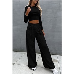 Black Crop Top and Wide Leg Pants Two Piece Set