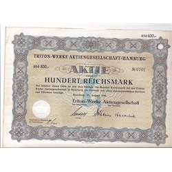 Акция Производство сантехники и комплектующих Triton-Werke, 100 рейхсмарок 1941 г, Германия