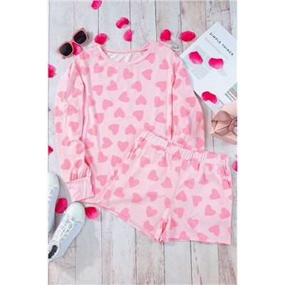 Pink Valentine Heart Shape Print Long Sleeve Top Shorts Lounge Set