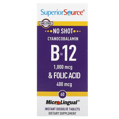 Superior Source Цианокобаламин B-12 и фолиевая кислота, 60 мгновенно растворяющихся таблеток MicroLingual