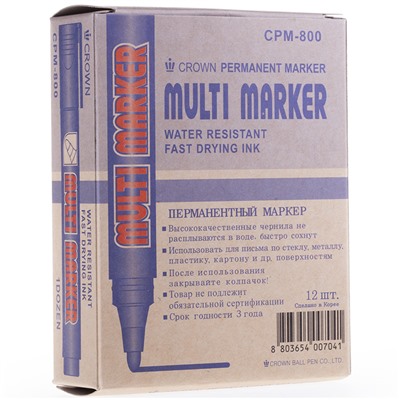 Маркер перманентный Crown "Multi Marker" синий, пулевидный, 3мм CPM-800