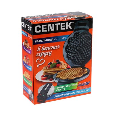 Электровафельница Centek CT-1449, 1000Вт, венские вафли, а/пригарное покрытие, серебр/черная