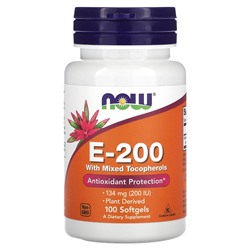 NOW Foods E-200 с смешанными токоферолами, 134 мг (200 МЕ), 100 мягких капсул - NOW Foods