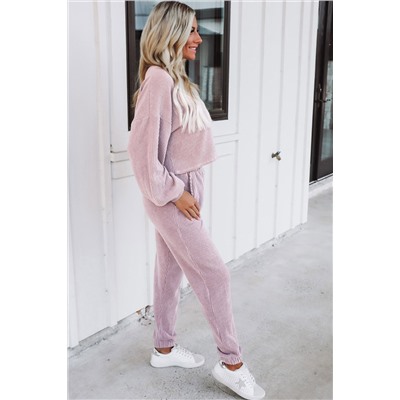 Apricot Powder Ribbed Two Piece Pullover and Joggers Lounge Set