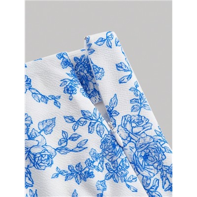 SHEIN MOD Allover Weiß Und Blauer Blumen Druck Mit Tie Schulter Cami Top Und Rock Für Frühlingsferien