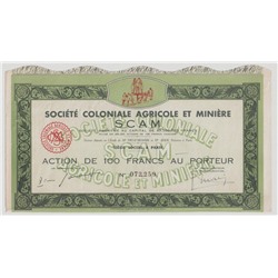Акция Societe Coloniale Agricole et Miniere Scam, 100 франков, Франция