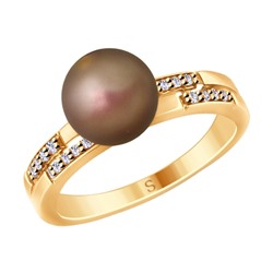 Кольцо из золочёного серебра с коричневым жемчугом Swarovski и фианитами, 93010779