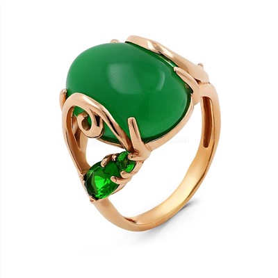Кольцо из золочёного серебра с нат.зелёным агатом и фианитами 925 пробы 10-421з609206