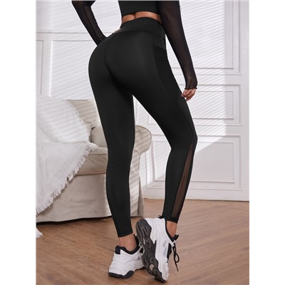 Yoga Trendy Kontrast Mesh Sport Leggins Mit Handytasche, Trainingsleggins