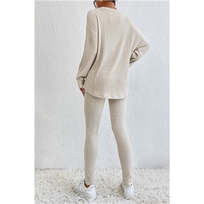 Apricot Ribbed Knit Loose Long Sleeve Top Skinny Pants Set