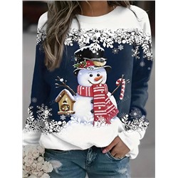 Damen Große Größen Sweatshirt mit Schneemann Muster und Rundhalsausschnitt, Langarm