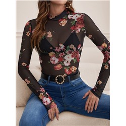 SHEIN Tall Top mit Blume Muster, Stehkragen, Mesh ohne BH