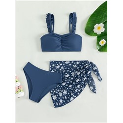 Teen Mädchen Bikini mit Rüschen, Rüschenbesatz & Blume Muster Strandrock