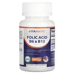 Vitamatic Фолиевая кислота B6 & B12, Натуральный ягодный вкус - 180 таблеток быстрорастворимые - Vitamatic