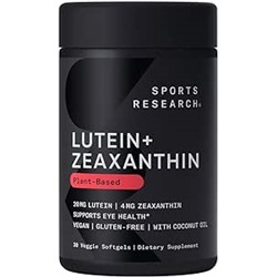 Sports Research Vegan Lutein + Zeaxanthin (20mg) with Organic Coconut Oil for Better Absorption - Supports Vision & Eye Health - Vegan Certified & Non-GMO Verified (30 Softgels)