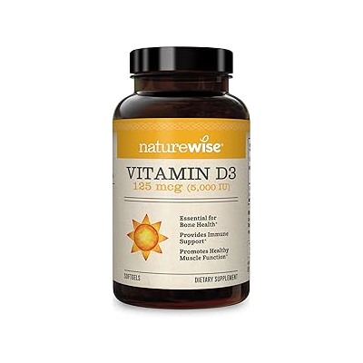 NatureWise Vitamin D3 5000iu (125 mcg) 1 Year Supply for Healthy Muscle Function, and Immune Support, Non-GMO, Gluten Free in Cold-Pressed Olive Oil, Packaging Vary ( Mini Softgel), 360 Count