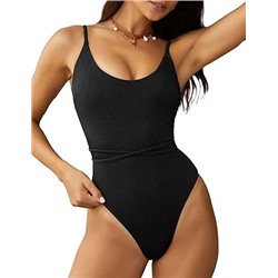ZAFUL Women's One Piece Swimsuit Ribbed Lace Up Tie Back Bathing Suits Sexy High Cut Scoop Neck Tummy Control Padded Swimwear
