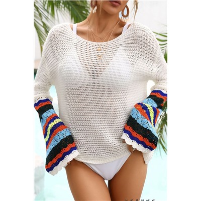 White Loose Knitted Contrast Bell Sleeve Swim Cover Up