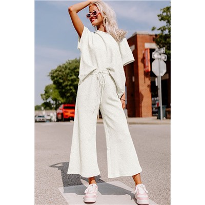 Bright White Textured Loose Fit T Shirt and Drawstring Pants Set