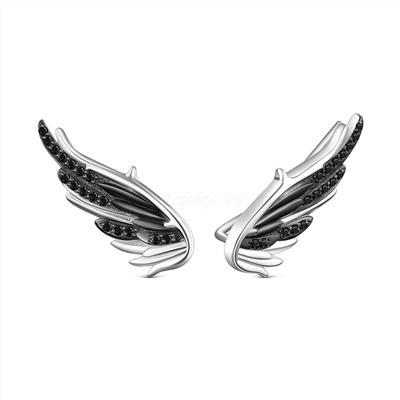 Серьги из серебра с натуральной чёрной шпинелью родированные - Крылья 925 пробы 2-409-1рч416