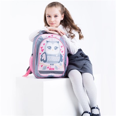 Рюкзак школьный, 37 х 27 х 16 см, эргономичная спинка, Calligrata Б "Совушка", серый/розовый