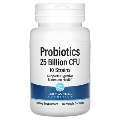 Lake Avenue Nutrition Пробиотики, 10 штаммов - 25 миллиардов КОЕ - 60 растительных капсул - Lake Avenue Nutrition