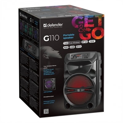 Bluetooth колонка Defender G110 TWS, 12 Вт, MP3/FM/AUX, подсветка, дисплей, черная (65110)