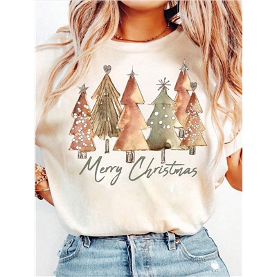 SHEIN LUNE Damen Lässig Rundhals T-Shirt mit Weihnachtsbaum Muster, geeignet für alle Jahreszeiten