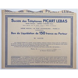 Ваучер Societe des Telephones PICART LEBAS, 150 франков, Франция
