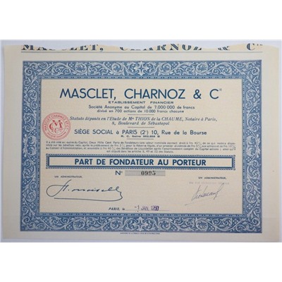 Акция Финансовое учреждение Masclet, Charnoz et Cie, 10000 франков, Франция