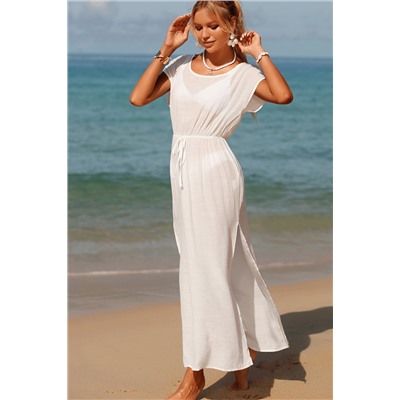 White Flowy Drawstring Side Slit Beach Dress