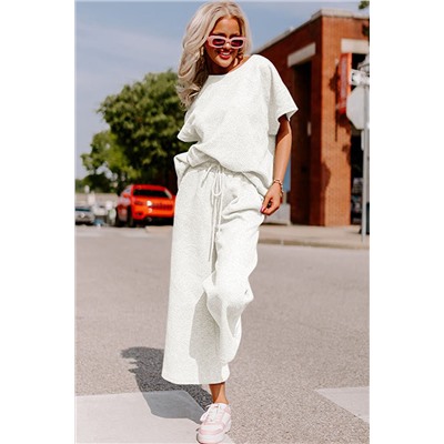 Bright White Textured Loose Fit T Shirt and Drawstring Pants Set