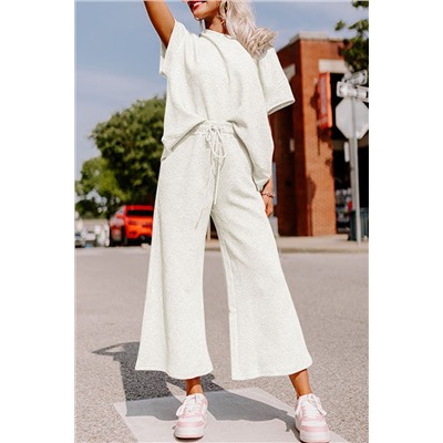 Bright White Textured Loose Fit T Shirt and Drawstring Pants Set