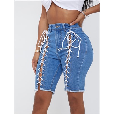 SHEIN SXY Denim Shorts mit Öse, Knoten und rohem Saum zum Schnüren