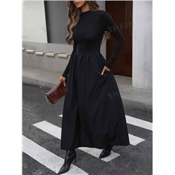 SHEIN Privé Elegantes, schlichtes Patchwork-Kleid mit geraffter Taille und Langarm für Damen