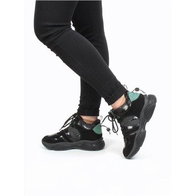 01-CSJ33-1 BLACK/GREEN Ботинки спортивные демисезонные женские (натуральная замша, байка)