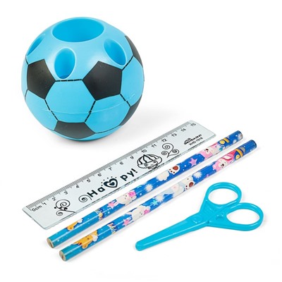 Набор настольный детский "Футбольный мяч", из 5 предметов: 2 карандаша, линейка, ножницы, подставка, МИКС