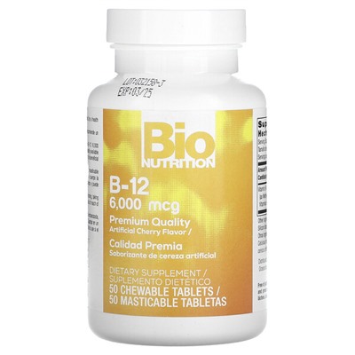 Bio Nutrition Витамин B-12, вишня, 6000 мкг, 50 жевательных таблеток