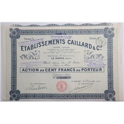 Акция Etablissements Caillard & Cie, 100 франков, Франция (с сертификатом)