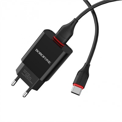 Зарядное устройство Borofone BA20A, 2.1А USB + кабель Type C, черное
