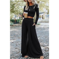 Black Solid Color Ribbed Crop Top Long Pants Set