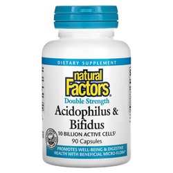 Natural Factors Acidophilus & Bifidus, Двойная сила, 10 миллиардов активных клеток, 90 капсул